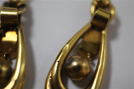 A pair of Victorian gold drop earrings, overall 1.75in.